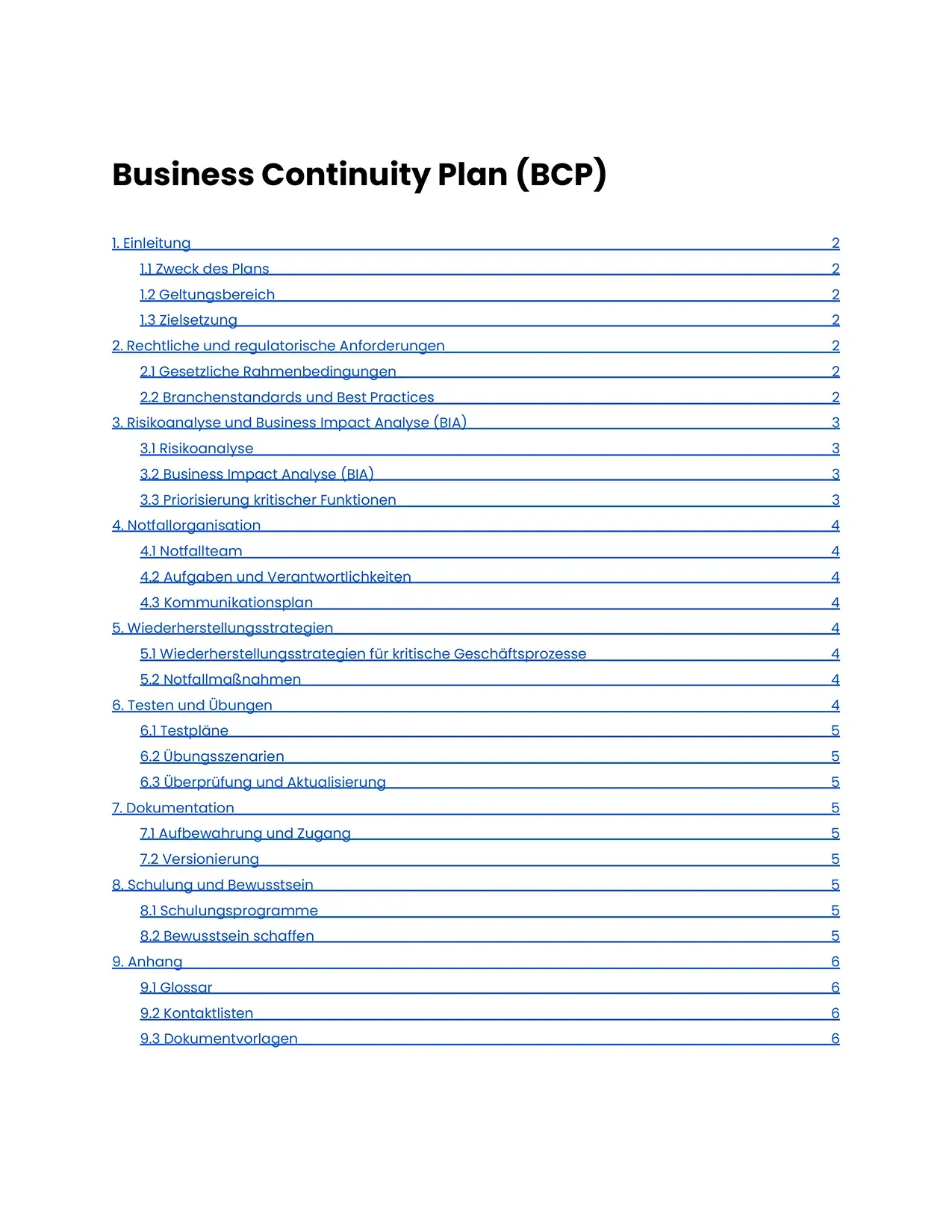 Vorschau der Vorlage Business Continuity Plan (BCP)