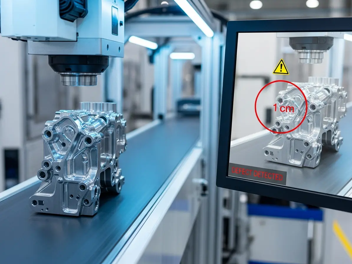 Ein Computer-Vision-System führt an einer Fertigungslinie eine automatische Qualitätskontrolle durch. Eine Kamera scannt ein Metallbauteil, während ein Monitor in Echtzeit einen 1 cm großen Materialfehler einkreist und die Meldung "DEFECT DETECTED" anzeigt.
