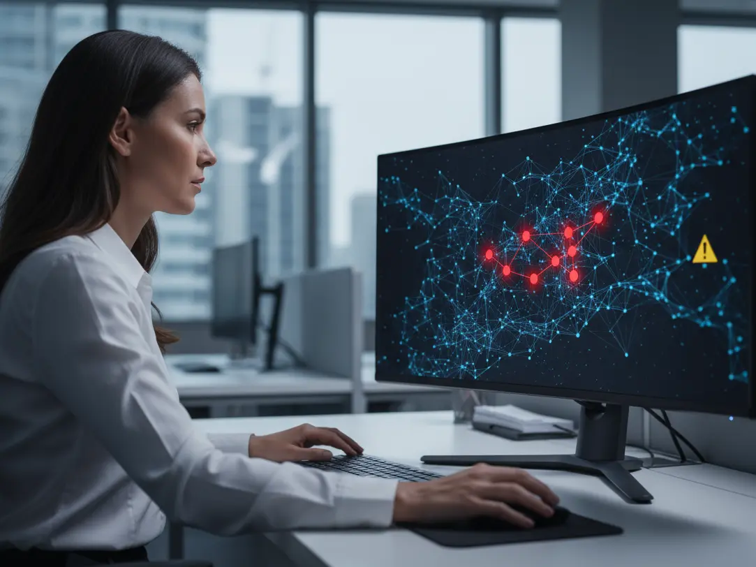 Eine Analystin für Betrugserkennung untersucht eine verdächtige Aktivität, welche KI erkannt hat. Auf ihrem Monitor visualisiert eine Software ein Netzwerk aus Finanztransaktionen, in dem ein auffälliger Datenpfad rot markiert und mit einem Warnsymbol versehen ist.