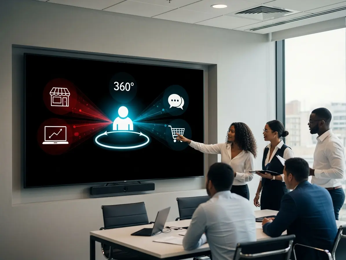 Ein E-Commerce-Team diskutiert über eine 360-Grad-Kundenstrategie. Eine Grafik auf dem Bildschirm visualisiert, wie Kundendaten aus verschiedenen Touchpoints – wie dem physischen Geschäft und dem Online-Shop – zu einer einheitlichen Sicht zusammengeführt werden.