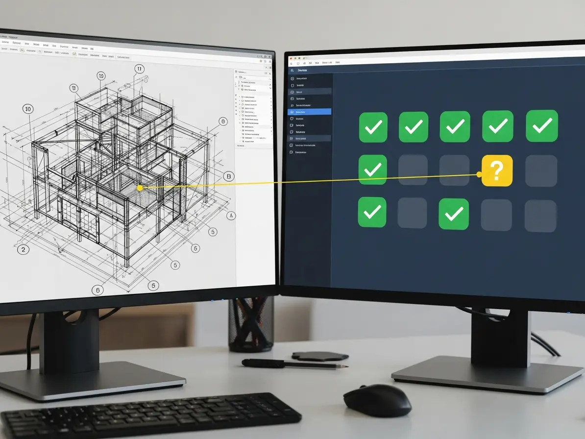 Eine KI-Software analysiert auf zwei Monitoren automatisiert einen digitalen 3D-Bauplan. Ein Prüfpunkt auf dem Plan wird per Linie mit einem gelben Fragezeichen in einer Checkliste verbunden, um eine mögliche Unstimmigkeit zu markieren.