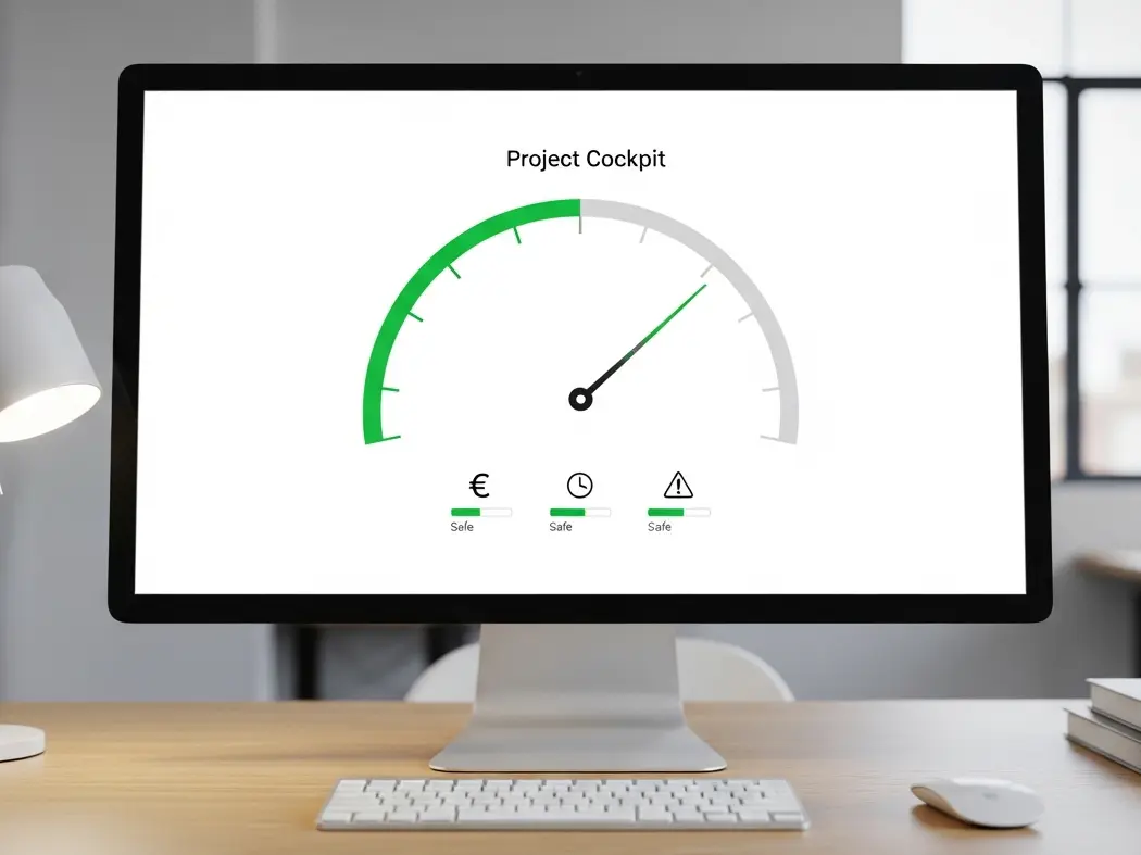 Das Dashboard eines Projekt-Cockpits auf einem Computerbildschirm zeigt den positiven Gesamtstatus eines Bauprojekts. Alle Indikatoren für Budget, Zeitplan und Risiken stehen im grünen, sicheren Bereich.
