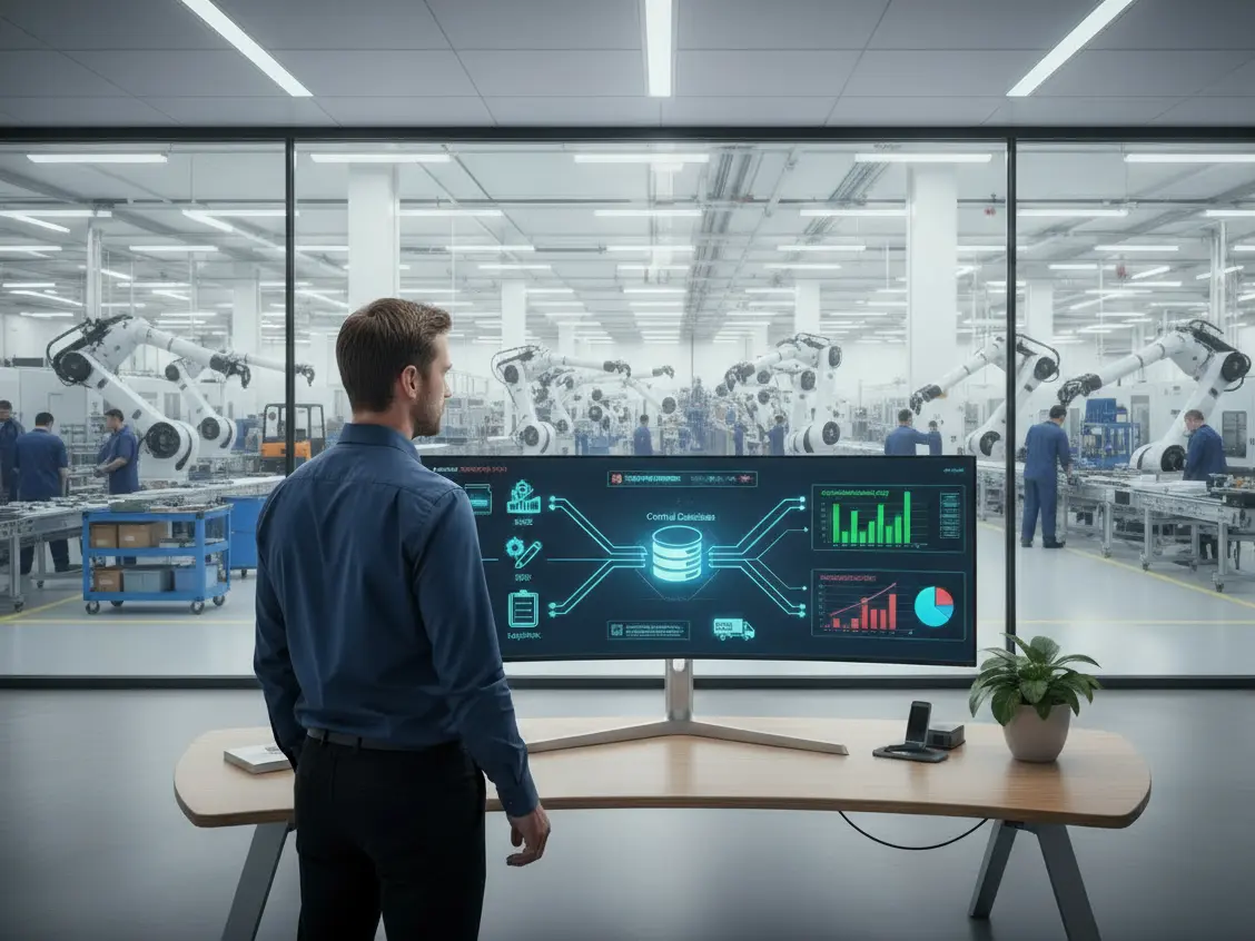 Ein Produktionsleiter überwacht in einer Smart Factory eine hochautomatisierte Fertigung. Von seinem Leitstand aus blickt er auf Roboterarme und Mitarbeitende in der Produktion, während ein Dashboard vor ihm alle relevanten Produktionsdaten in Echtzeit visualisiert.