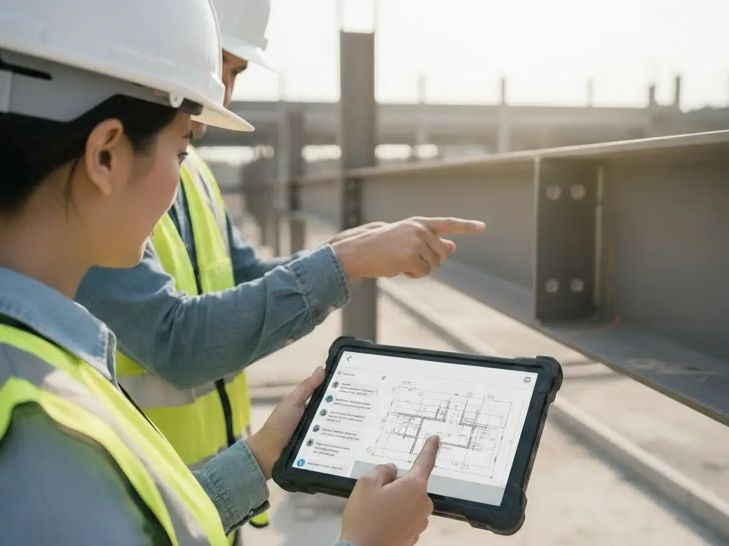 Zwei Baufachleute in Schutzhelmen überprüfen auf einer Baustelle digitale Baupläne auf einem robusten Tablet, auf dem auch ein Chat geöffnet ist und vergleichen die Vorgabe mit einem Stahlträger.