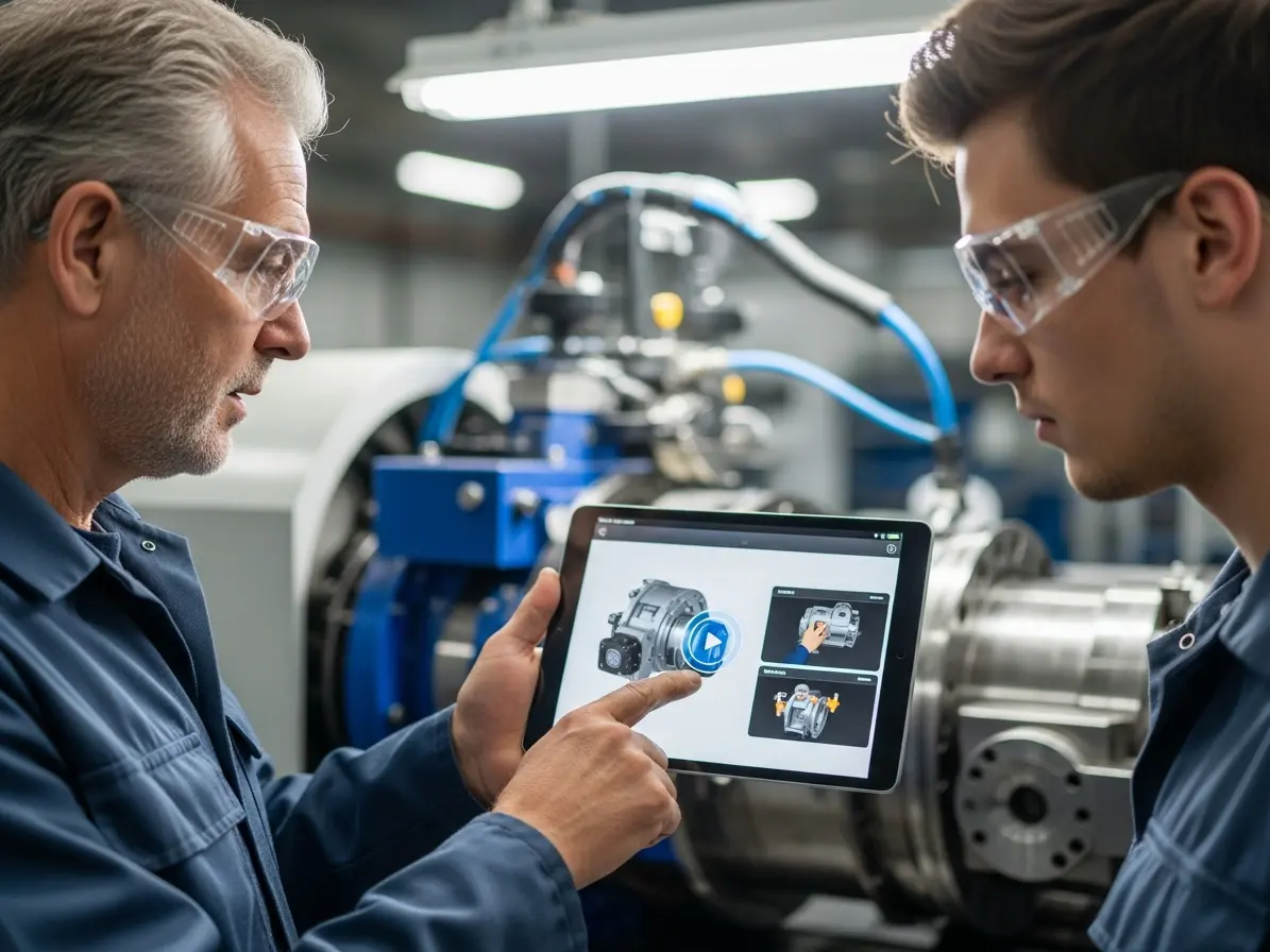 Ein erfahrener Meister zeigt einem jungen Facharbeiter in der Fertigung digitale Arbeitsanweisungen auf einem Tablet. Eine interaktive 3D-Animation eines Bauteils unterstützt den Wissenstransfer direkt an der Maschine.